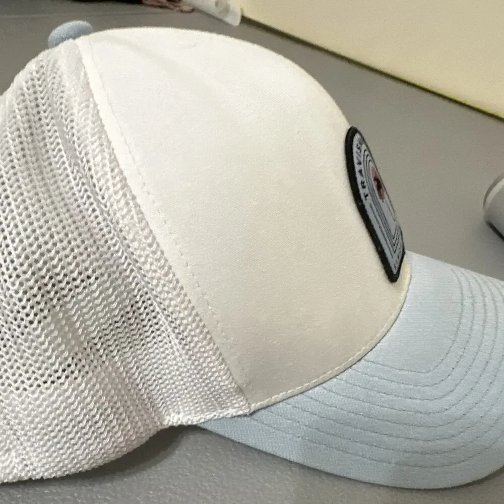 TravisMathew 110 One Ten Flexfit Trucker Hat White/Light Blue Palm Tree